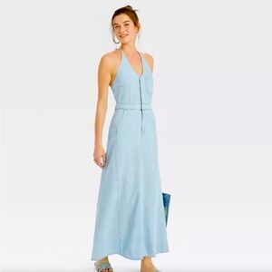 NWT Universal Thread Women's Halter Neck Denim Maxi Dress - Blue